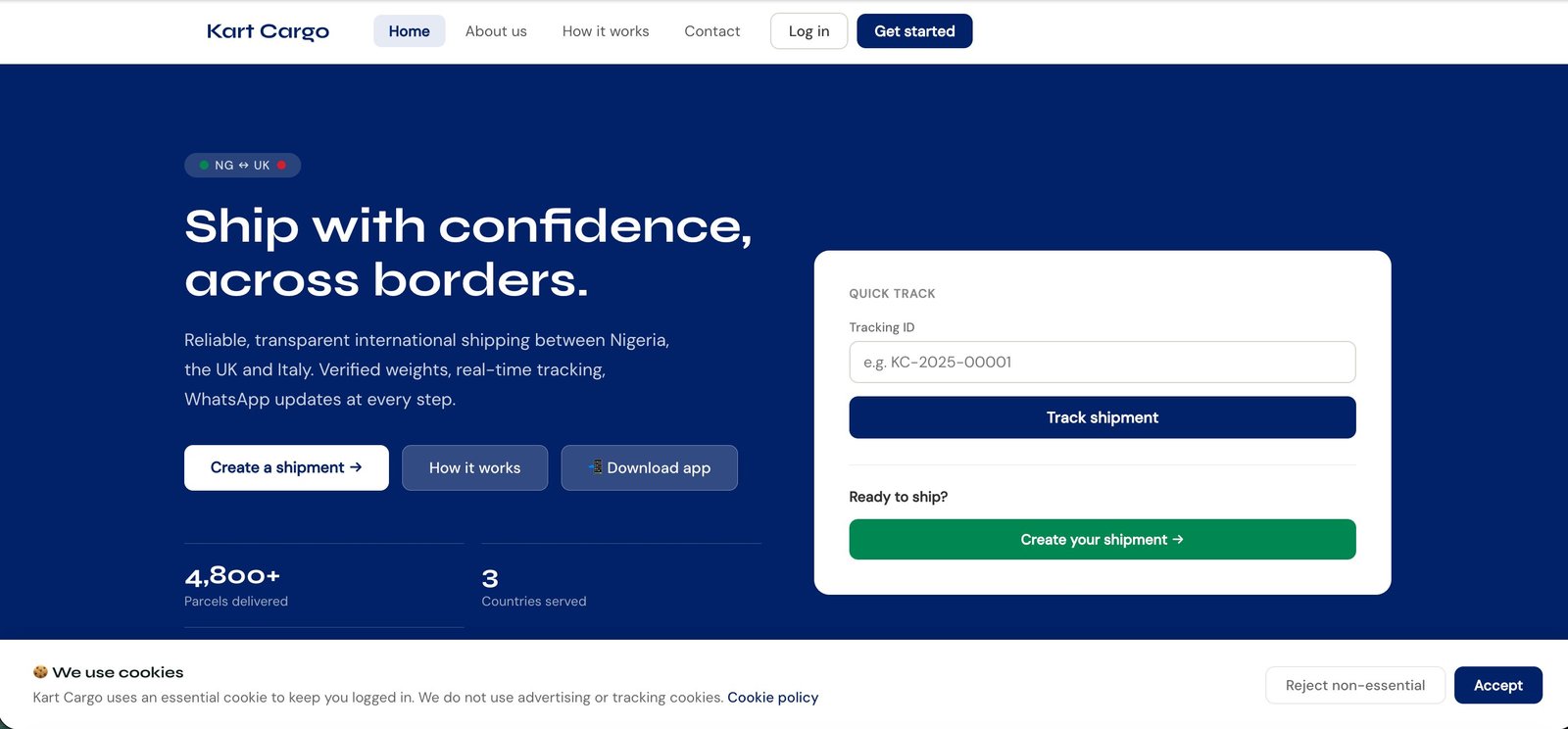 KartCargo homepage — Ship with confidence, across borders