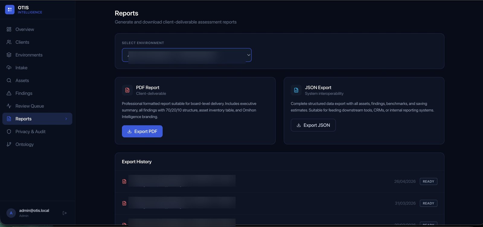 OTIS — Reports view showing client-deliverable PDF and JSON export options